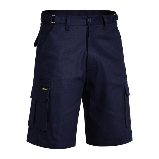 Bisley 8 Pocket Cargo Short featuring adjustable side tabs, multiple pockets including cargo and welt pockets with touch tape flaps, reinforced belt loops, and a YKK zipper, ideal for safety and workwear.