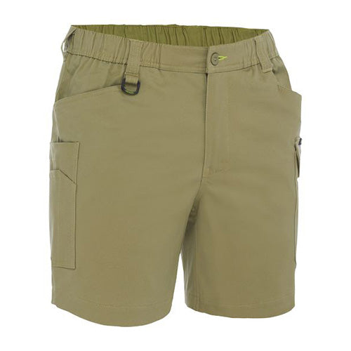 Bisley Cotton Elastic Waist Cargo Short featuring an elastic waistband, two angled side pockets, back welt pockets, a cargo pocket, and a mobile phone pocket, ideal for safety and work environments.