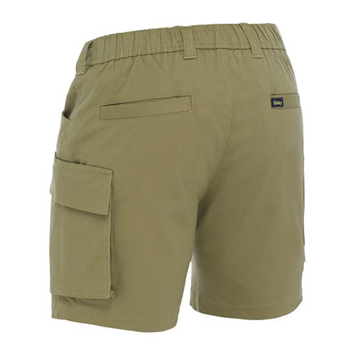 Load image into Gallery viewer, Bisley Cotton Elastic Waist Cargo Short featuring an elastic waistband, side and back pockets, a left cargo pocket with flap closure, and a right mobile phone pocket, ideal for safety and workwear needs.