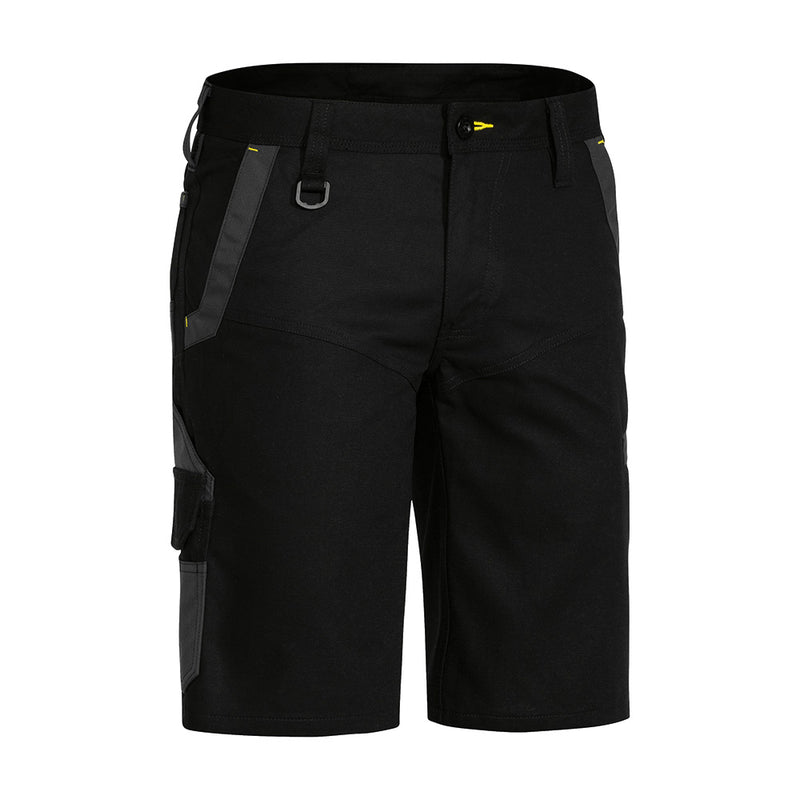 Load image into Gallery viewer, Bisley Flex & Move Cargo Shorts featuring a black design with grey trim, reinforced belt loops, and multi-functional pockets, ideal for workplace safety and comfort, showcased with a black belt and durable fabric construction.