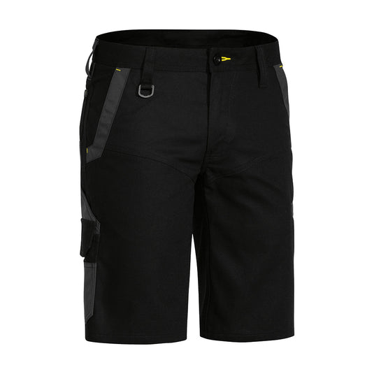 Bisley Flex & Move Cargo Shorts featuring a black design with grey trim, reinforced belt loops, and multi-functional pockets, ideal for workplace safety and comfort, showcased with a black belt and durable fabric construction.
