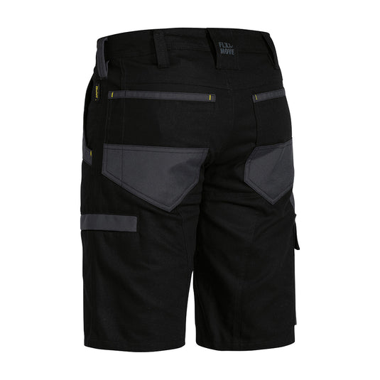 Bisley Flex & Move Cargo Shorts featuring grey pockets, reinforced belt loops, and a durable design with contrast stretch canvas at stress points, ideal for active work environments in safety and uniform settings.