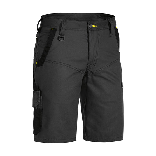 Bisley Flex & Move Cargo Shorts featuring yellow accents and multi-functional pockets, designed with a curved waistband and reinforced belt loops for durability, ideal for active work environments.