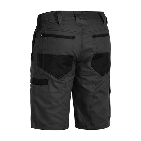 Bisley Flex & Move Cargo Shorts featuring multifunctional pockets, reinforced belt loops, and contrast stretch canvas for durability, designed for active safety and workplace functionality.