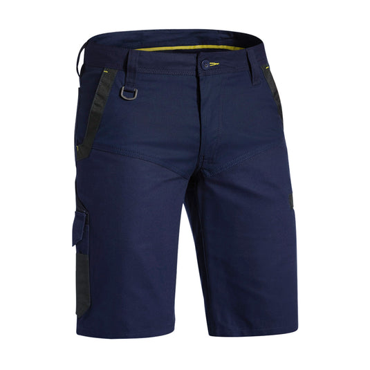 Bisley Flex & Move Cargo Shorts featuring a durable canvas construction with multi-functional pockets, reinforced belt loops, and a YKK zipper, designed for active safety and workplace comfort.
