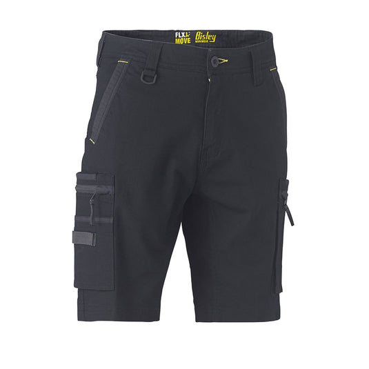 Bisley Flex & Move Stretch Utility Zip Cargo Short features durable black knee-length design, multifunctional pockets, and reinforced Cordura® panels, ideal for active work environments requiring comfort and durability.