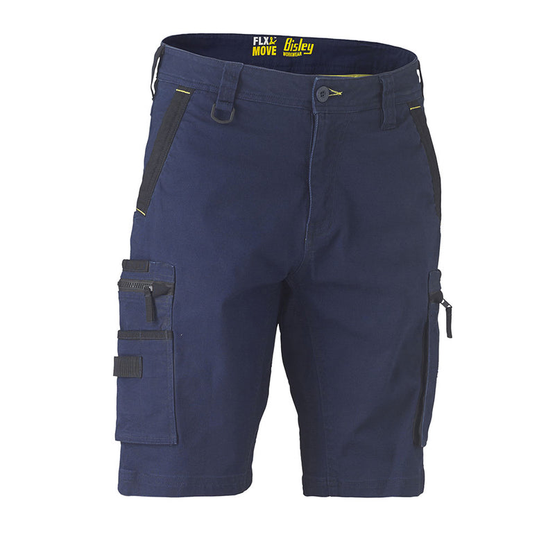 Load image into Gallery viewer, Bisley Flex & Move Stretch Utility Zip Cargo Short featuring zippered and Velcro utility pockets, belt loops, and a D-ring, designed for durability and comfort with stretch cotton canvas and Cordura® reinforcements.