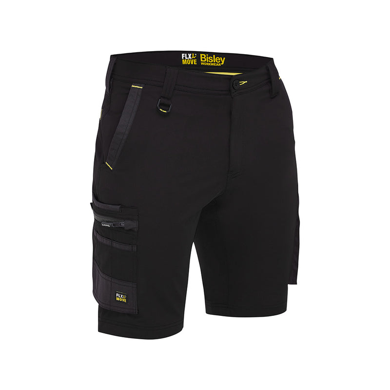 Load image into Gallery viewer, Bisley Flex & Move 4-Way Stretch Zip Cargo Short with a yellow logo, featuring multifunctional pockets, including oversized cargo pockets, tool loops, and a curved waistband, ideal for safety and workwear needs.
