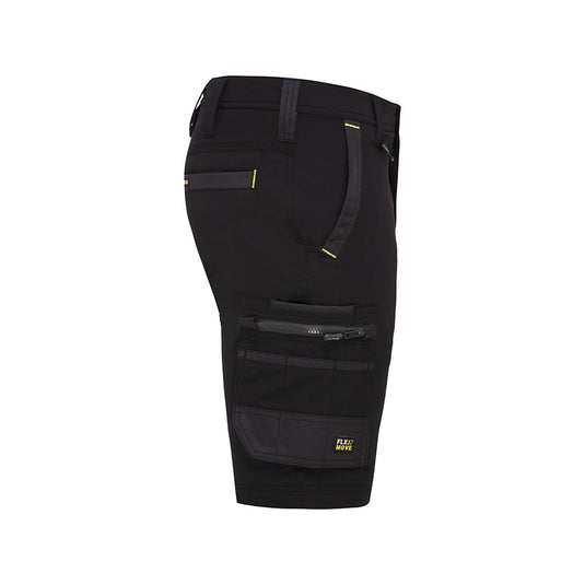 Bisley Flex & Move 4-Way Stretch Zip Cargo Short featuring multi-functional pockets, including oversized cargo pockets and tool loops. Designed with a curved waistband and Cordura® in high-stress areas for durability.