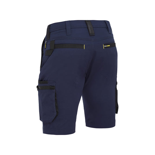 Bisley Flex & Move 4-Way Stretch Zip Cargo Short featuring black pockets and multifunctional design, ideal for safety and work environments. Curved waistband and Cordura® enhance durability and comfort.