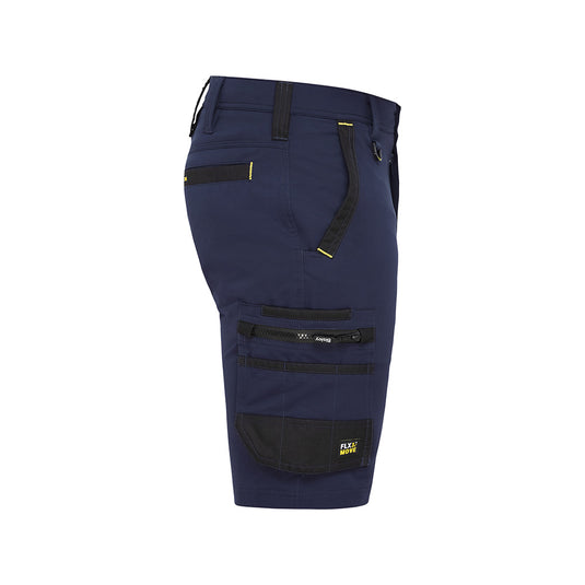 Bisley Flex & Move 4-Way Stretch Zip Cargo Short featuring black Cordura® reinforced pockets, YKK zipper, and multifunctional design for durability and comfort—ideal for active, safety-focused work environments.