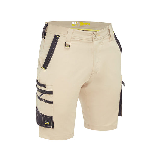 Bisley Flex & Move 4-Way Stretch Zip Cargo Short featuring multi-functional pockets, including oversized cargo pockets, and durable Cordura® on high-stress areas, ideal for workplace comfort and safety.