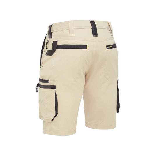 Bisley Flex & Move 4-Way Stretch Zip Cargo Short with multi-functional pockets, black straps, and reinforced Cordura® areas, designed for durability and comfort in active work environments.