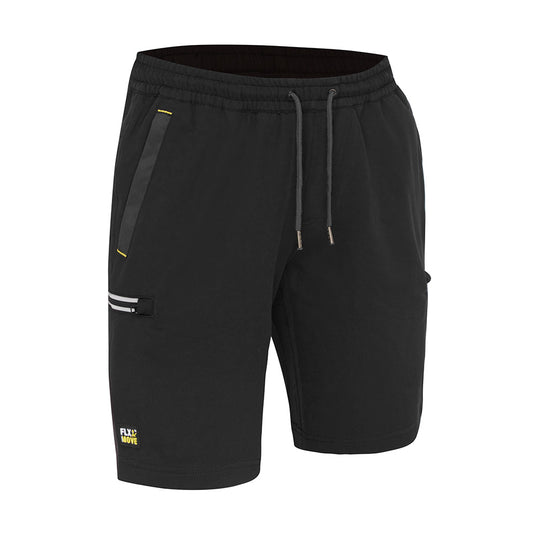 Bisley Flex & Move 4-Way Stretch Elastic Waist Cargo Short featuring reflective side zip pockets and durable Cordura® fabric on stress areas, designed for comfort and movement, suitable for active safety environments.