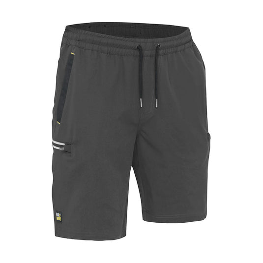 Bisley Flex & Move 4-Way Stretch Elastic Waist Cargo Short with reflective side zip pockets, elastic waistband, and durable Cordura® accents, ideal for safety and work environments, showcasing functional design and comfort.