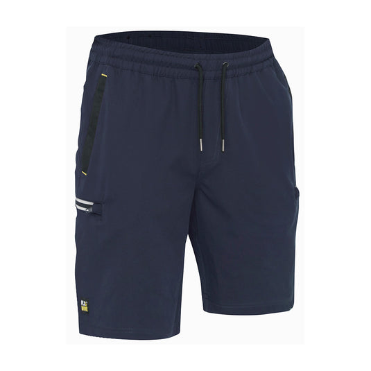 Bisley Flex & Move 4-Way Stretch Elastic Waist Cargo Short features visible reflective side zip pockets, a durable Cordura® design, and an elastic waistband with drawcord, ideal for active work environments.