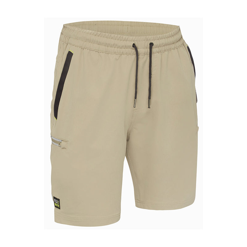 Load image into Gallery viewer, Bisley Flex & Move 4-Way Stretch Elastic Waist Cargo Short with black straps and pockets, featuring reflective side zip pockets and an elastic waistband, designed for comfort and durability with Cordura® reinforcement.