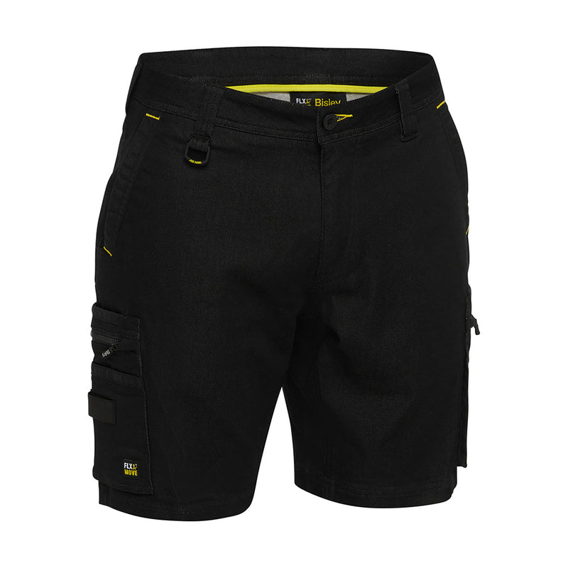 Load image into Gallery viewer, Bisley Flex & Move Stretch Denim Zip Cargo Shorts featuring durable Cordura® accents, oversized cargo pockets, and a curved waistband for comfort. Ideal for active safety and work environments, showcasing functional design.