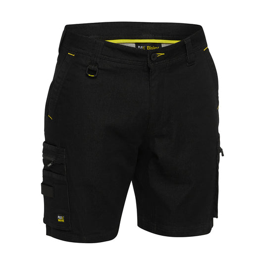 Bisley Flex & Move Stretch Denim Zip Cargo Shorts featuring durable Cordura® accents, oversized cargo pockets, and a curved waistband for comfort. Ideal for active safety and work environments, showcasing functional design.