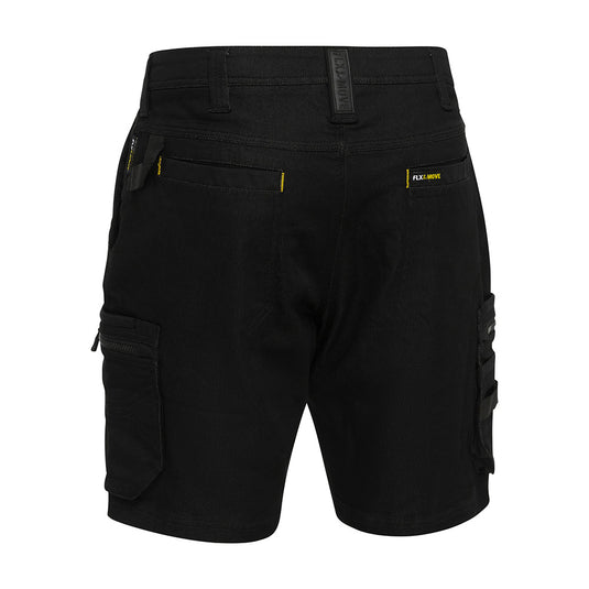 Bisley Flex & Move Stretch Denim Zip Cargo Shorts featuring multifunctional pockets, oversized cargo compartments, and durable Cordura® reinforcements, designed for comfort and mobility with a curved waistband and YKK zipper.