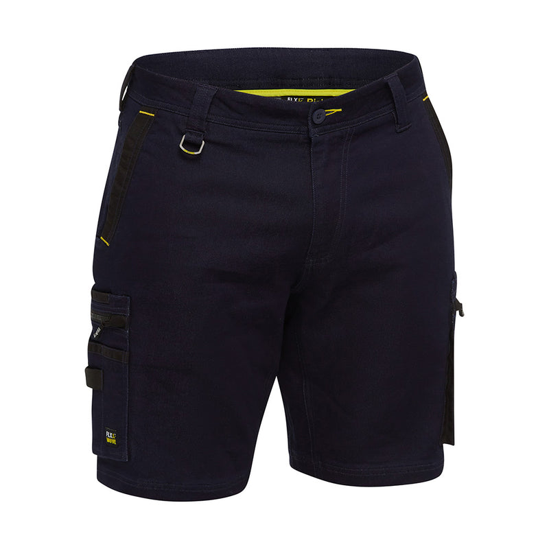 Load image into Gallery viewer, Bisley Flex & Move Stretch Denim Zip Cargo Shorts featuring multifunctional pockets and YKK zipper, designed for durability with Cordura® reinforcement. Perfect for active workplaces, ensuring comfort and practicality.