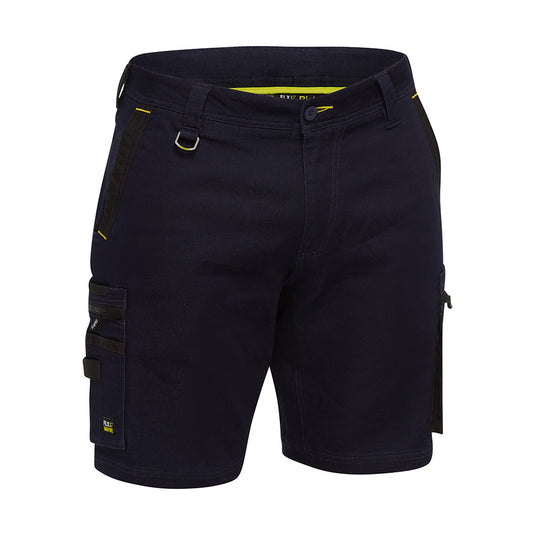 Bisley Flex & Move Stretch Denim Zip Cargo Shorts featuring multifunctional pockets and YKK zipper, designed for durability with Cordura® reinforcement. Perfect for active workplaces, ensuring comfort and practicality.
