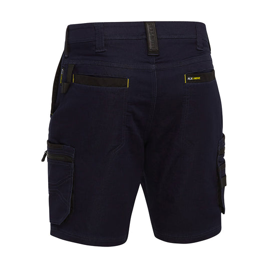 Bisley Flex & Move Stretch Denim Zip Cargo Shorts with multi-functional oversized cargo pockets, durable Cordura® reinforcement, and YKK zipper, designed for comfort and movement, ideal for safety and workwear environments.
