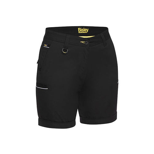 Load image into Gallery viewer, Bisley Women’s Stretch Cotton Short, featuring a mid-rise fit with a curved waistband, angled side pockets, back patch pockets, and side cargo welt pockets, designed for active workplace comfort and safety.