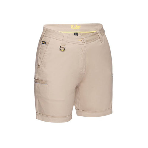 Load image into Gallery viewer, Bisley Women’s Stretch Cotton Short featuring a mid-rise fit with curved waistband, angled side pockets, back patch pockets, and cargo welt pockets, ideal for workplace comfort and movement.