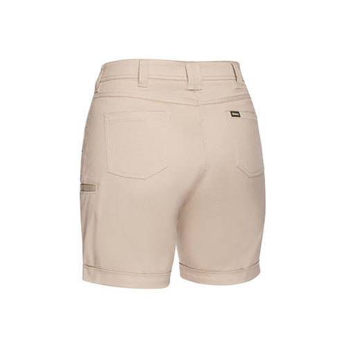 Bisley Women’s Stretch Cotton Short featuring a mid-rise fit, curved waistband, multiple pockets including cargo and back patch pockets, with a cuffed hem, designed for comfort and movement.