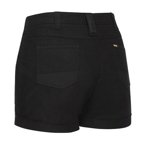 Bisley Women's Flex and Move Short Short with stretch mid-rise fit, featuring Cordura® for durability, angled side pockets, and a cuffed hem. Ideal for active, safety-conscious work environments.