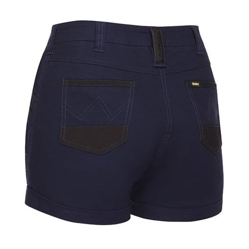 Bisley Women’s Flex and Move Short Short featuring durable Cordura® highlights, multiple pockets including angled side and patch pockets, with a stretch fit for comfort, ideal for active work environments.