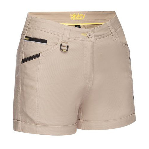 Bisley Women’s Flex and Move Short Short, featuring a stretch mid-rise fit with curved waistband, Cordura® reinforced high-wear areas, angled side pockets, and cuffed hem, ideal for active workplace environments.