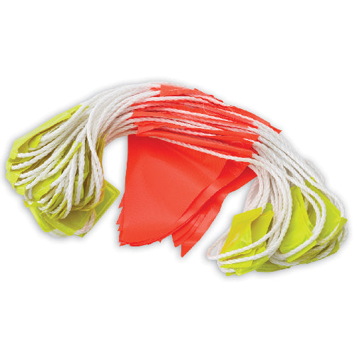Close-up of Pro PVC Bunting Flags Day/Night Orange 30M, showcasing tightly bundled high-strength nylon ropes and fluorescent PVC triangle flags, ideal for marking hazard areas with excellent visibility.