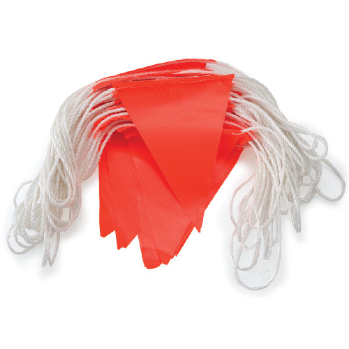 Pro PVC Bunting Flags Orange 30M, featuring 45 high-visibility fluoro PVC triangle flags on a 30-metre durable nylon rope, ideal for marking hazard areas effectively. Perfect for safety and visibility needs.
