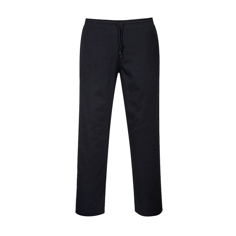 Load image into Gallery viewer, Portwest Chefs Drawstring Trousers, Black, featuring a durable, stain-resistant twill fabric with Texpel finish, elasticated drawcord waist, and three pockets for versatile storage, ideal for professional kitchen environments.