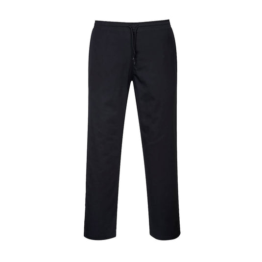 Portwest Chefs Drawstring Trousers, Black, featuring a durable, stain-resistant twill fabric with Texpel finish, elasticated drawcord waist, and three pockets for versatile storage, ideal for professional kitchen environments.