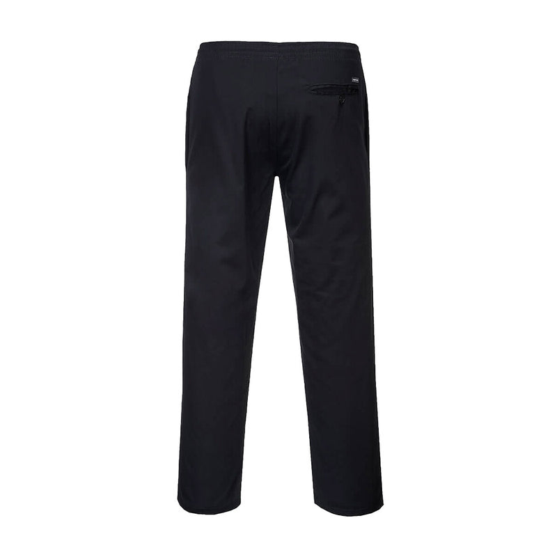 Load image into Gallery viewer, Portwest Chefs Drawstring Trousers, Black, featuring a Texpel coating for spill protection, with side and back pockets, elasticated waist, and drawcord for comfort, ideal for versatile, durable workwear.