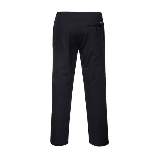 Portwest Chefs Drawstring Trousers, Black, featuring a Texpel coating for spill protection, with side and back pockets, elasticated waist, and drawcord for comfort, ideal for versatile, durable workwear.