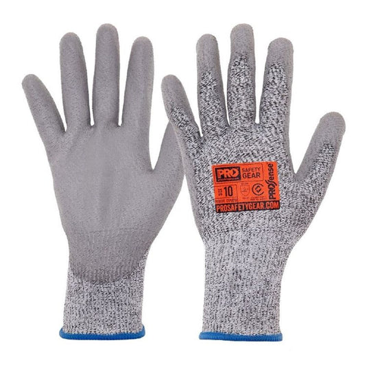 Pro PU Dipped Cut D Safety Glove with label, showcasing seamless design and grey PU dip for comfort and dexterity. Ideal for various industries, emphasizing excellent cut resistance and form-fitting comfort.