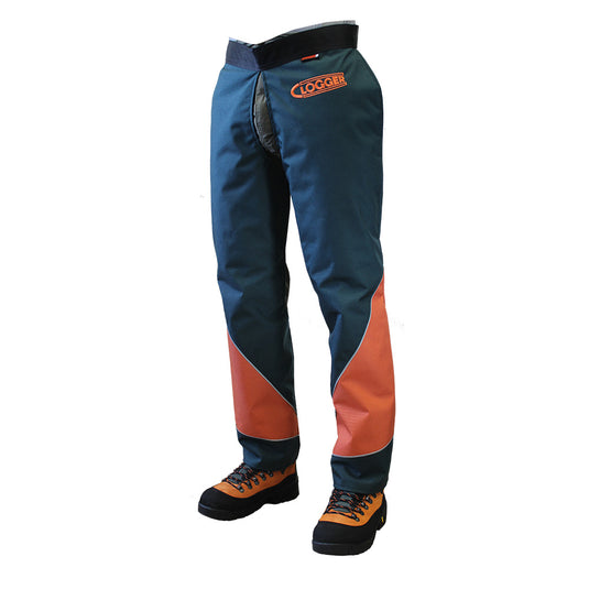 DefenderPRO Clipped Chainsaw Chaps shown with boots, highlighting durable nylon fabric and integrated pocket, designed for enhanced cut protection and practicality. Ideal for safety and workwear applications.