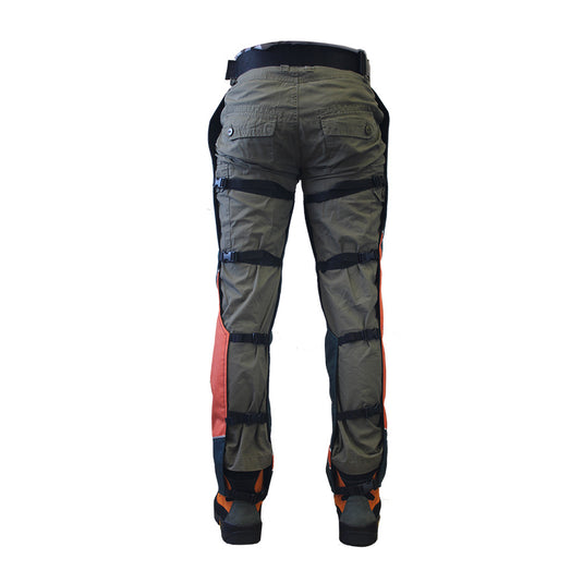 DefenderPRO Clipped Chainsaw Chaps with straps, featuring high-grade nylon for durability, an oil and water-resistant coating, and an internal pocket, designed for safety and practicality in tough environments.