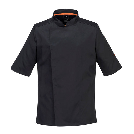 Portwest Mesh Air Pro Jacket Short Sleeve features a sleek, slim-fit design with mesh panels for ventilation, highlighted trims, a concealed front fastening, and a practical sleeve pocket, ideal for professional kitchen use.
