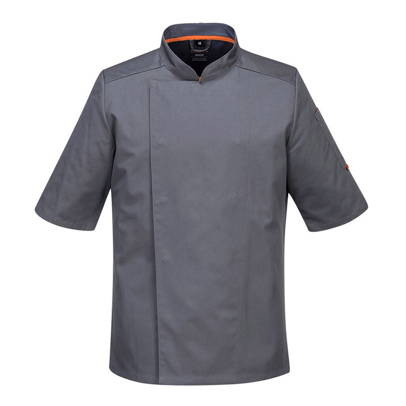 Load image into Gallery viewer, Portwest Mesh Air Pro Jacket Short Sleeve featuring MeshAir panels for ventilation, concealed front fastening, and a sleeve pocket. Designed with durable twill fabric, ideal for professional kitchen use.