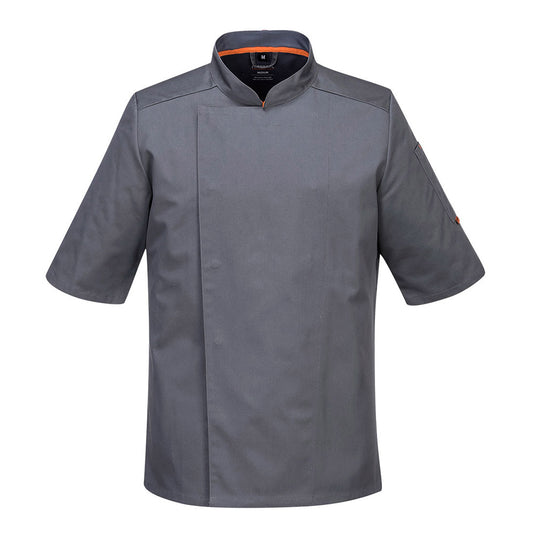 Portwest Mesh Air Pro Jacket Short Sleeve featuring MeshAir panels for ventilation, concealed front fastening, and a sleeve pocket. Designed with durable twill fabric, ideal for professional kitchen use.