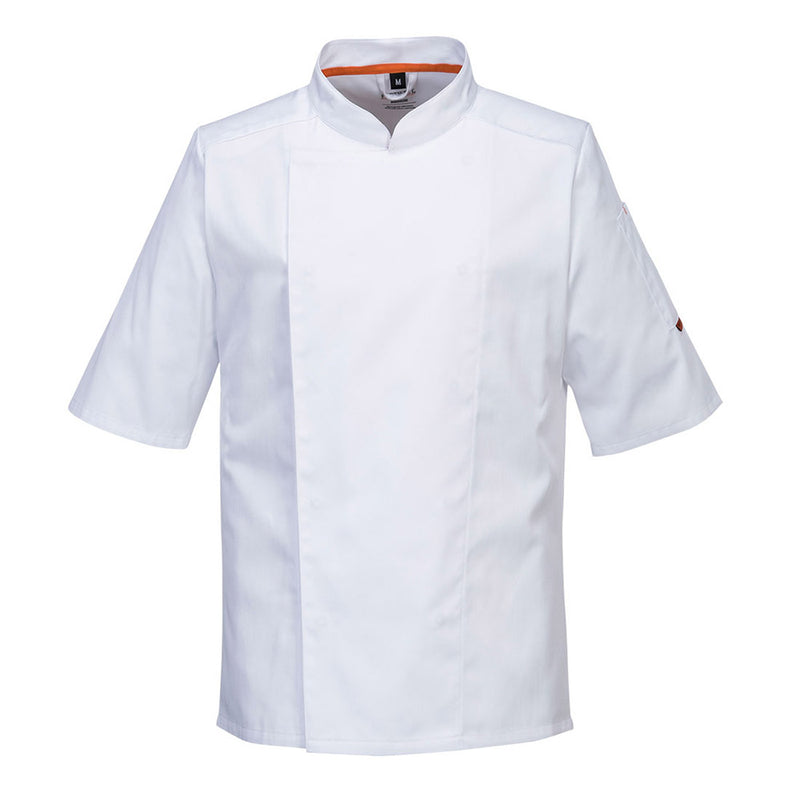Load image into Gallery viewer, Portwest Mesh Air Pro Jacket Short Sleeve: This chef's jacket features MeshAir panels underarm for breathability, a double-breasted front with concealed fastening, apron tab, and sleeve pocket for practicality and style.
