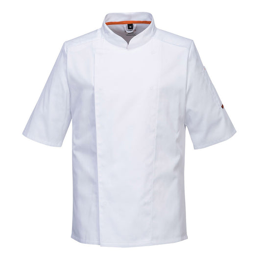 Portwest Mesh Air Pro Jacket Short Sleeve: This chef's jacket features MeshAir panels underarm for breathability, a double-breasted front with concealed fastening, apron tab, and sleeve pocket for practicality and style.
