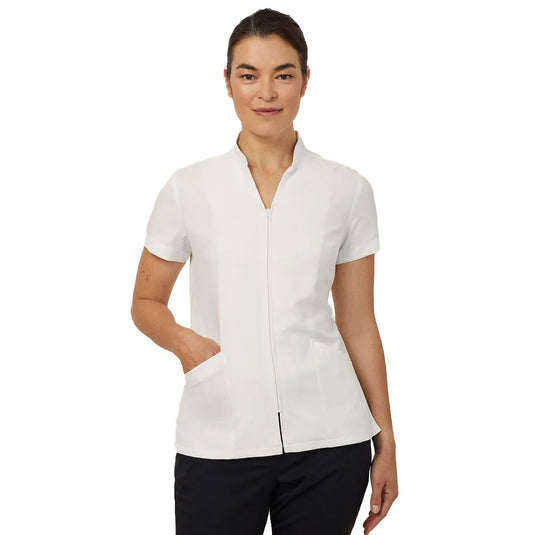 NNT Helix Dry Zip Front Tunic with a full-length zip, mandarin standing collar, front bust darts, side splits, and two front pockets, tailored for durable and professional wear in active environments.