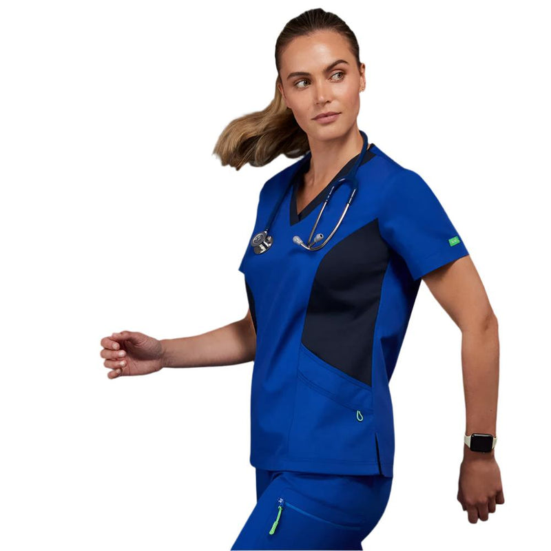 Load image into Gallery viewer, NNT Nightingale V Neck Contrast Scrub Top features a breathable, cotton-rich fabric with antibacterial finish. Highlights include a V-neckline, layered hip pockets, side splits, and contrast side panels, ideal for healthcare professionals.