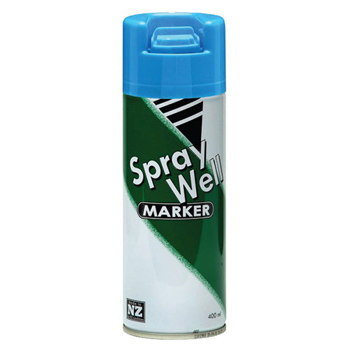 Spraywell Upside Down Marker Paint, Light Blue 400ml: Box/12, featuring a blue plastic cap and designed for marking various surfaces with precision, ideal for safety and workplace environments.